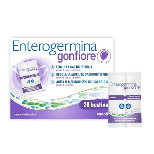 Enterogermina Gonfiore, Fermenti Lattici Probiotici, Prebiotici per Adulti - Integratori con Enzimi Digestivi ed Estratti Vegetali contro Pancia Gonfia e Gonfiore Addominale (28 Bustine Gusto Pesca)