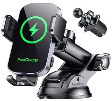 Glangeh 15W Caricatore Wireless Auto, [Ventosa+Clip+QC3.0] Auto-Bloccaggio Ricarica Wireless Auto, Porta Cellulare Auto Ricarica Wireless Compatibile con iPhone 16 15 Galaxy S24
