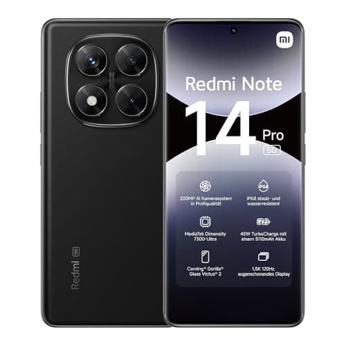 Smartphone Xiaomi Redmi Note 14 Pro 5G, 8+256GB, fotocamera AI da 200MP, IP68, ricarica turbo da 45W con batteria da 5110mAh, funzionalità AI (caricabatterie non incluso), Nero