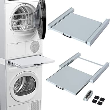 Kit di Congiunzione per Lavatrice e Asciugatrice, Supporto Universale di Sovrapposizione Salvaspazio, con Ripiano Estraibile, Cinghia di Sicurezza e Adesivi Antiscivolo, Telaio per Accatastamento