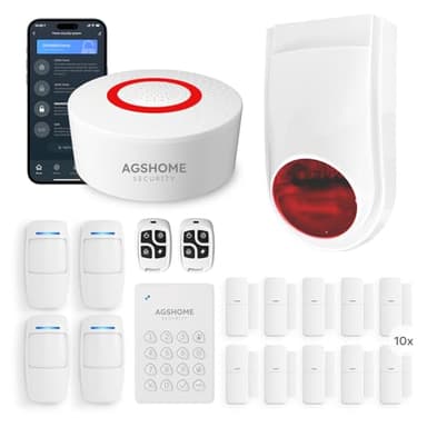 AGSHOME+ Allarme Casa Senza Fili con Sirena Esterna, Antifurto casa, Sistemi di Allarme per Porte, Notifiche Smart tramite App, Kit da 19 Pezzi, Allarme WiFi, Sensore di Movimento per Porte e Fi
