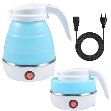 Funmo Bollitore pieghevole da 600 ml, bollitore elettrico in silicone con fondo in acciaio inox, mini bollitore portatile da viaggio per campeggio, viaggi, vacanze (blu)