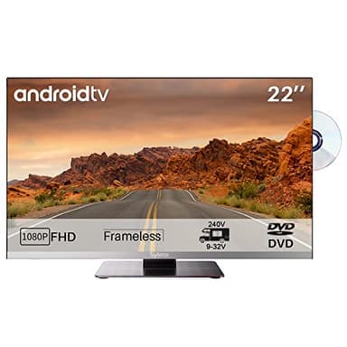 SYLVOX Smart TV HD 22" (55cm) Android Televisori 1080P | Lettore DVD integrato - Adattatore 9/12/32/220 Volt, Triple Tuner DVB-S2/T2, HDMI, USB, Ideale per Roulotte, Camper, Caravans, Camion