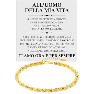 Bracciale Uomo Corda Finitura Oro18k in Argento Sterling 925 All'Uomo della Mia Vita Idea regalo compleanno - Idee Regali per lui per Natale - Cofanetto con DEDICA incluso (Bracciale Corda Oro - Uomo)