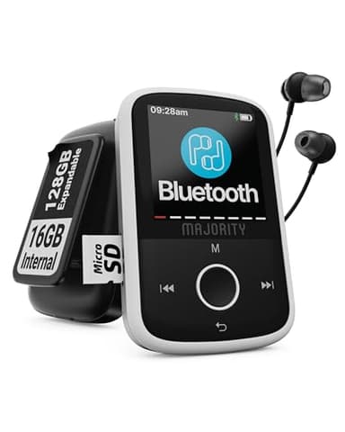 Lettore MP3 Bluetooth con clip per lo sport e auricolari a filo | 16 GB di memoria interna fino a 128 GB | Schermo a colori, durata della batteria 34 ore | SD e USB-C | Majority MP3 GO