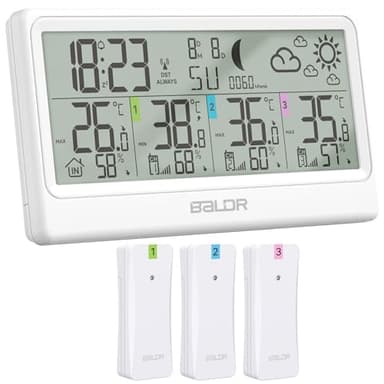 Stazione Meteo con 3 Sensore Esterno, Stazione Meteo con Display LCD 8,5”, Termometro Interno ed Esterno, Igrometro, Barometro, Previsioni Meteo, Fasi Lunari, Sveglia, Funzione Snooze e RCC