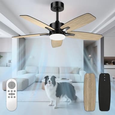 Mefine Ventilatore da Soffitto con Luce e Telecomando Silenzioso, Ventilatori da Soffitto 107 cm con Lampada a LED con 5 pale in Legno, Venature del Legno/Nero per Camera da Letto, Soggiorno, 60004