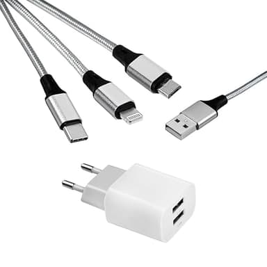 MUTTO Caricatore USB Multiplo 3 in 1 da Viaggio Universale, Caricatore per iPhone, Caricabatterie USB C e carica micro USB, adattatore presa + cavo di ricarica universale 3 in 1