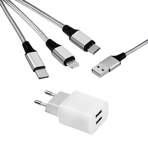 MUTTO Caricatore USB Multiplo 3 in 1 da Viaggio Universale, Caricatore per iPhone, Caricabatterie USB C e carica micro USB, adattatore presa + cavo di ricarica universale 3 in 1