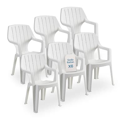 Tomaino - Sedie Da Giardino In Plastica Effetto Legno - Set 6 Sedie Plastica Impilabili Con Braccioli - Sedia Giardino Per Esterno, Terrazzo o Bar - Bianco New