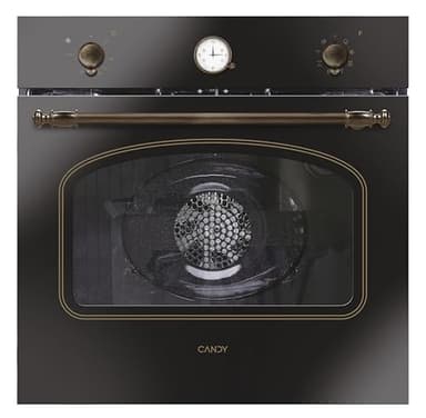 Candy Classic Forno Elettrico da Incasso Ventilato, 65 Litri, Classe A+, Funzione Pizza, 8 Programmi di Cottura, Design Rustico con Orologio Analogico, 59,5 x 59,5 x 56,8 cm, Nero - FCC604GH/E