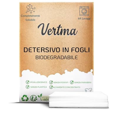 Vertma®-Detersivo in fogli per lavatrice-Detersivo in Fogli Biodegradabile-(64 lavaggi)-A Base di Piantes-Efficace su Tutti i Tessuti-Detersivo Dei Bambini- Ipoallergenico-Zero Rifiuti-Profumo Fresco