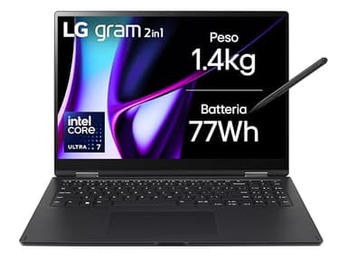 LG gram Pro 2in1 16T90SP Notebook convertibile 16" Touch 2.5K (2560x1600), Intel Core Ultra 7 155H, 16GB RAM, 512GB SSD, Ultraleggero solo 1.4kg, Batteria 77Wh, Windows 11, Tastiera italiana, Nero