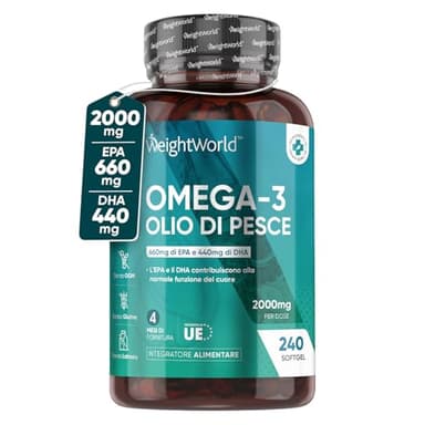 Omega 3 Olio di Pesce 2000mg Alto Dosaggio, 660mg EPA e 440mg DHA, Vista, Cuore, Cervello, 240 Olio di Pesce Omega3 Softgel (Scorta per 4 Mesi) Integratore Fish Oil e Acidi Grassi Essenziali EPA DHA