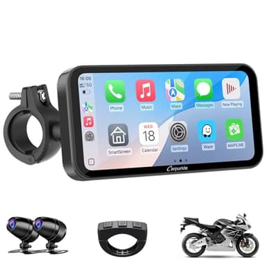 Carpuride Schermo Carplay GPS per Moto da 6,3 Pollici, CarPlay Senza Fili e Android Auto per Moto, con Doppia Fotocamera 1080P, Telecomando, Impermeabile IP67, BT Aduio, Navigazione di Guida (603D)