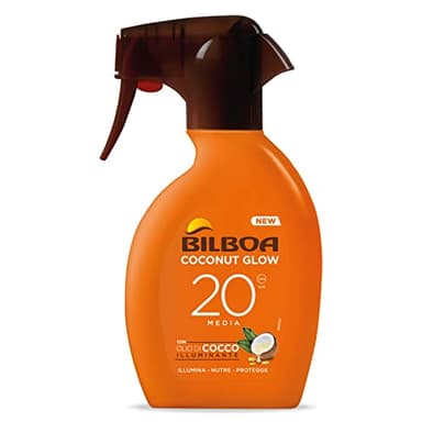 Bilboa, Trigger Solare Coconut Glow SPF 20, Crema Solare Spray con Olio di Cocco e Vitamina E, Leggera sulla Pelle, Protezione Solare Resistente all'Acqua, 250 ml