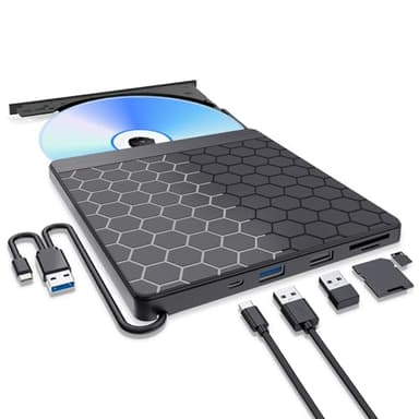 Aumdie Lettore CD DVD Esterno per PC Portatile, Masterizzatore DVD Esterno,USB 3.0 con 2 Porte USB e Lettore di Schede TF/SD, Lettore CD/DVD per PC Laptop Macbook per Windows 11/10/8.1/7/Linux/Mac OS