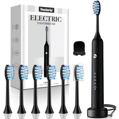 Vexloria Spazzolino Elettrico Sonico per Adulti e Bambini, Spazzolini Elettrici con 6 Testine, 5 Modalità e Timer, Impermeabile IPX7 Ultrasuoni Spazzolino Elettrico da Viaggio, Spazzolino Sonico, Nero