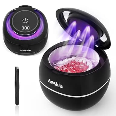 Aoskie Pulitore Ultrasuoni 42kHz/30W per Protesi Dentarie, Allineatori, Paradenti, Gioielli, Testine per Spazzolino da Denti, 180ML Lampada UV Ultrasonic Cleaner per Apparecchi Dentali