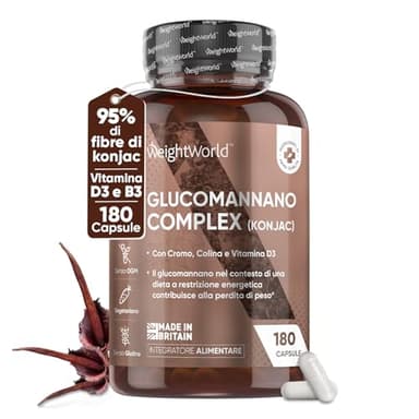 Glucomannano con Vitamina D3 e Cromo Picolinato, Vitamina B3 e Colina, Radice di Konjac, Alternativa a Glucomannano Bustine, Glucomannano Konjac 95% di Fibre, 180 Comode Glucomannano Capsule Senza OGM