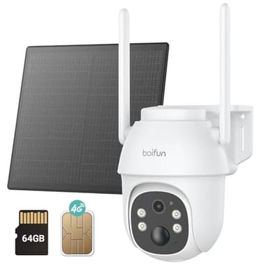 BOIFUN 3G/4G LTE Telecamera con SIM e 64GB Memoria Scheda, 2K Telecamera Esterna con Pannello Solare, Visione Notturna a Colori, Audio Bidirezionale, Rilevamento del Movimento, IP65