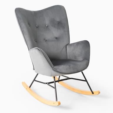 MEUBLE COSY Sedia a Dondolo da Interno Poltrona Allattamento Imbottita Relax con Braccioli Schienale Alto per Soggiorno Cameretta in Velluto con Gambe in Legno