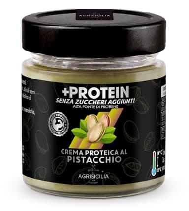 Agrisicilia, +Protein crema spalmabile al Pistacchio, crema proteica senza zuccheri aggiunti, gusto pistacchio,creme spalmabili ideali per la dieta, 200 grammi