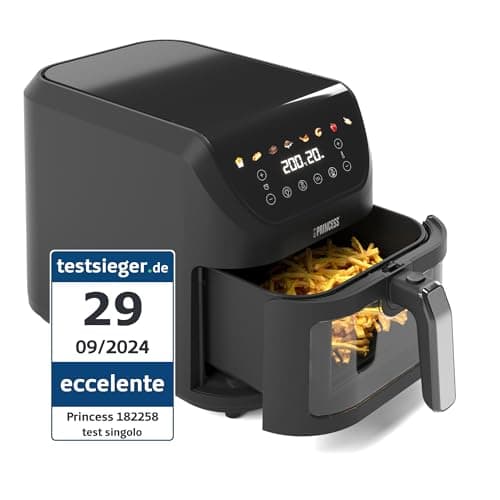 Princess SlimFry Aerofryer 8 L, salvaspazio, tecnologia di cottura senza grassi, 8 programmi, finestra di visualizzazione trasparente, potente (2000 W) e silenzioso (55 db), nero, 01.182258.01.001