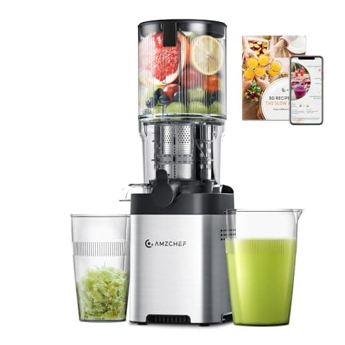 AMZCHEF Spremiagrumi – Slow Juicer con larghezza 126 mm e tubo di alimentazione più grande per verdure e frutta intere – Spremiagrumi facile da pulire con 2 bicchieri, argento