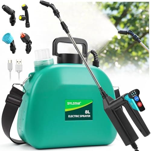 SYLSTAR Pompa Irroratrice a Batteria da 8L, 3 Velocità di Pompa Irroratrice,7.4V Spruzzatore Forte con Indicatore di Batteria, 4 Ugelli Regolabili Nebulizzatore Piante per Giardino, Cortile e Prato