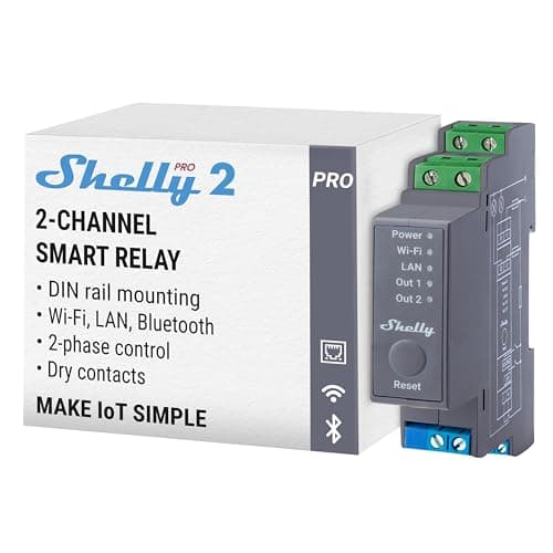 Shelly Pro 2, Relè Interrutore Intelligente su guida DIN, Controllo remoto luci, 2 canali - 25A, Wi-Fi, LAN e Bluetooth, Contatto secco, Compatibile con Alexa e Google Home, App iOS Android