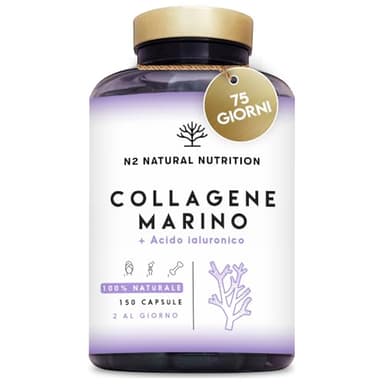 Collagene Marino e Acido Ialuronico con Magnesio e Vitamina C. Integratori Articolazioni, Cartilagine e Pelle. 150 capsule. Fornitura per 75 giorni. Collagene Idrolizzato. PEPTAN. N2 Natural Nutrition