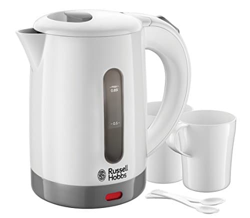 Russell Hobbs Bollitore Elettrico Piccolo - Bollitore da Viaggio da 0,85 L con Regolazione Della Tensione per Tutto Il Mondo - 1000 W; 2 Tazze e 2 Cucchiaini, Beccuccio Ottimizzato, 23840-70