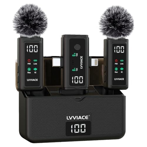 LVVIACE Microfono wireless 3 in 1 per iPhone, Android, fotocamera, microfono lavalier wireless, cancellazione del rumore con trasmettitore da 45 ore, display digitale, custodia di ricarica