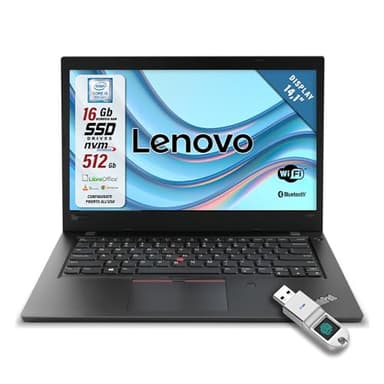 Lenovo ThinkPad, Pc portatile Intel i5-8250U Pronto All'Uso con Libre, Notebook Con Display da 14,1", Ram 16Gb, SSD 512Gb, W10, Tastiera QWERTY + Chiavetta FingerPrint (Ricondizionato)