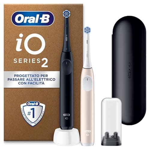 Oral-B iO 2 DUO Spazzolino Elettrico Oral B, Nero e Rosa, 2 Testine Di Ricambio e Spazzolini, Custodia Da Viaggio, Porta Ricarica Da Viaggio. Delicato sulle Gengive, Sensore di Pressione