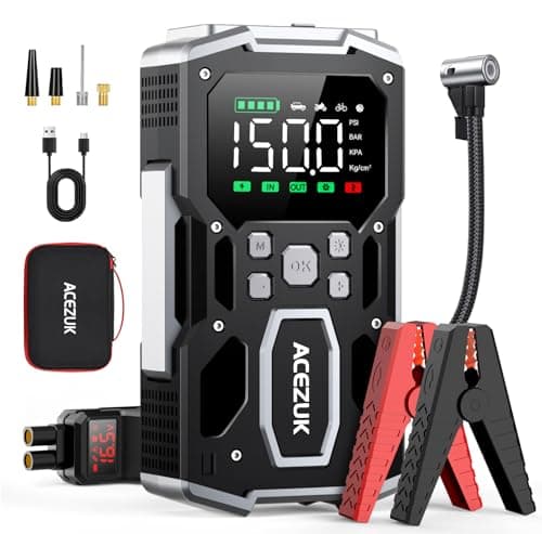 ACEZUK Avviatore Batteria Auto,6000A & 150PSI Avviatore di Emergenza per Auto con Compressore Aria Portatile (All Gas or 10.0L Diesel) 12V Jump Start,2 Luci/ 3.4" LCD Display