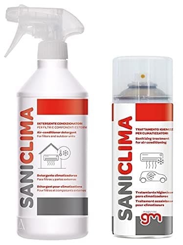 MagazziniGM SANICLIMA, Kit Sanificazione e Pulizia per Climatizzatori, Liquido Pulizia 750ml e Spray Igienizzante 400ml,Disinfettante Antibatterico, Elimina Odori (Detergente + igienizzante)