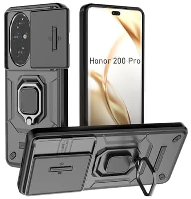 DERHAN Cover per Honor 200 Pro, Custodia Antiurto con Copertura Scorrevole Della Fotocamera e Supporto - Nero