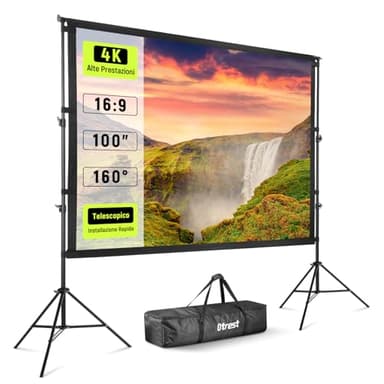 OTREST 100" Telo Proiettore+Supporto, Schermo Cinematografico Anteriore Posteriore in Poliestere Antipiega 16:9 4K HD con Sacchi Sabbia, Schermo Proiezione Telescopico Portatile per Interni ed Esterni