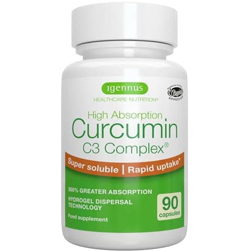Curcumin C3 Complex - 90 Capsule, Ultra Solubile, Assorbimento Rapido e Superiore del 300% Rispetto alla Curcumina al 95%, Vegano, 1 al Giorno - Igennus
