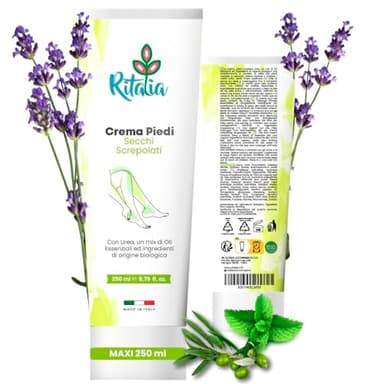GRANDE 250ml CREMA PIEDI SECCHI SCREPOLATI UREA al 27% Ritalia® Ingredienti BIO idratante riparatori per duroni talloni screpolati calli, geloni e duroni TRATTAMENTO PIEDI DIABETICI -Made in Italy