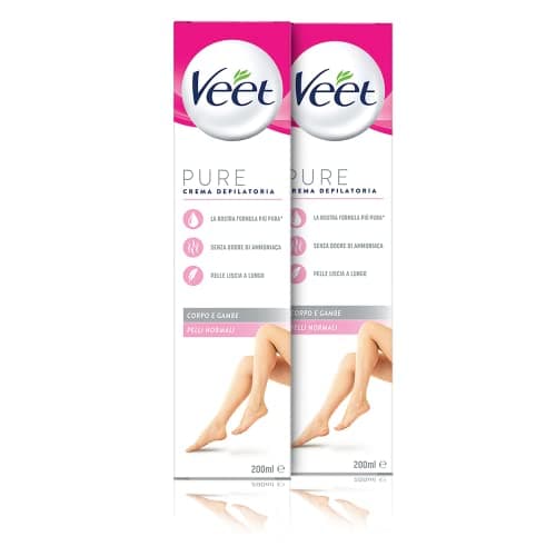 Veet Pure Crema Depilatoria Gambe, Corpo, Ascelle e Zona Bikini per Pelli Normali, Dermatologicamente Testata, 400 ml (2 Confezioni x 200 ml)