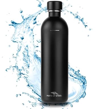 MATE OF STEEL® 100% senza plastica, 1000 ml, in acciaio inox, compatibile con Sodastream Easy & DUO, lavabile in lavastoviglie, 1 litro in metallo, bottiglie di soda (nero, 1,0 l)