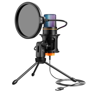 Hoppac Microfono USB per PC, Microfono Gaming a Condensatore Plug & Play, con Shock-Mount, Filtro Pop e Treppiede, Microfono per Podcast Streaming