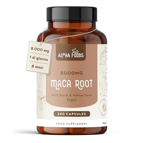 Maca Peruviana Nera Extra Forte | 8000mg per Capsula di Estratto Black Maca + Maca Gialla | Equilibrio Ormonale | 240 Capsule Vegane Alto Dosaggio | Alpha Foods
