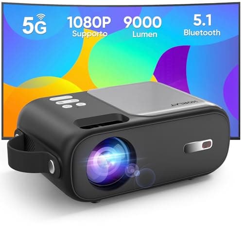 Mini Proiettore, Proiettore 5G WiFi Bluetooth 9000 Lumens, Supporto Full HD 1080P, Correzione Trapezoidale ±15°, Videoproiettore Home Cinema, Compatibile con Smartphone/TV Stick