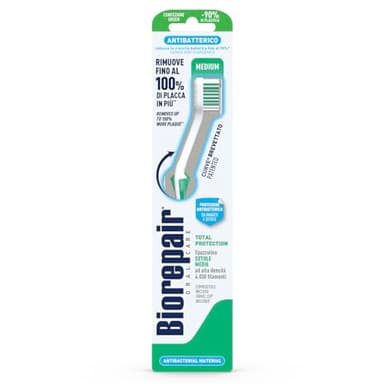 Biorepair, Spazzolino Denti Total Protection, Antibatterico, Clinicamente Testato, con Setole Medie, Forma Curva Brevettata, Inibisce la Crescita Batterica Fino al 90%, Rimuove Fino al 100% di Placca