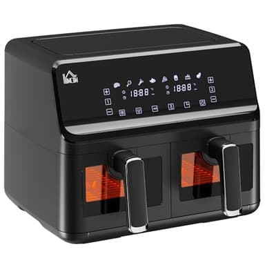 HOMCOM Friggitrice ad Aria con 2 Cestelli Indipendenti e 8 Menù, Friggitrice Senz'Olio in Acciaio e PP Temperatura e Timer Regolabile, 38.5x38x30.5 cm, Nero