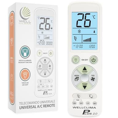 Wellclima Plus 2.0 – Telecomando Universale per Condizionatore con la Maggiore Compatibilità sul Mercato, Tastiera e Display Retroilluminati, Torcia LED, Assistenza Diretta Wellclima